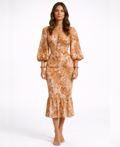 Robe Midi Fleurie Col en V — Coupe Romantique Fluide | Invitée & Cocktail
