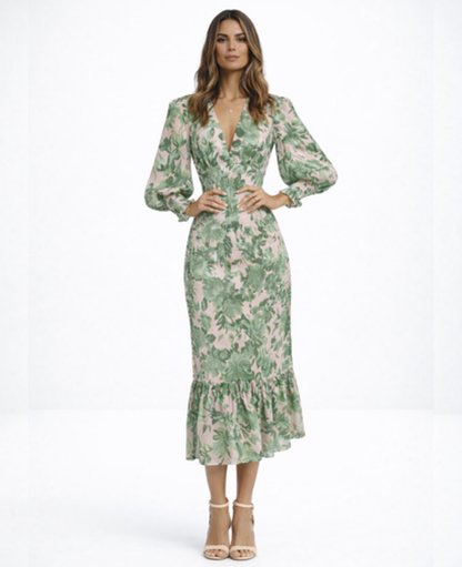 Robe Midi Fleurie Col en V — Coupe Romantique Fluide | Invitée & Cocktail