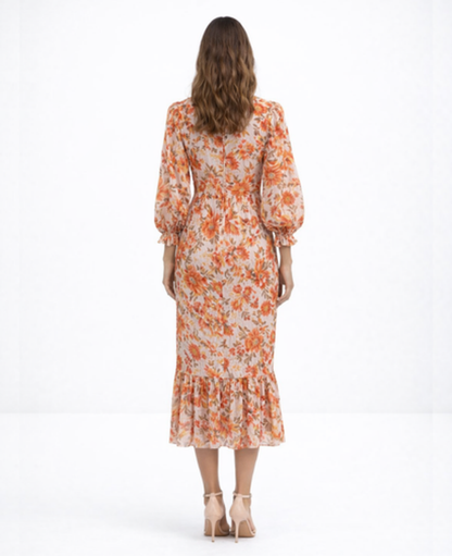 Robe Midi Fleurie Col en V — Coupe Romantique Fluide | Invitée & Cocktail