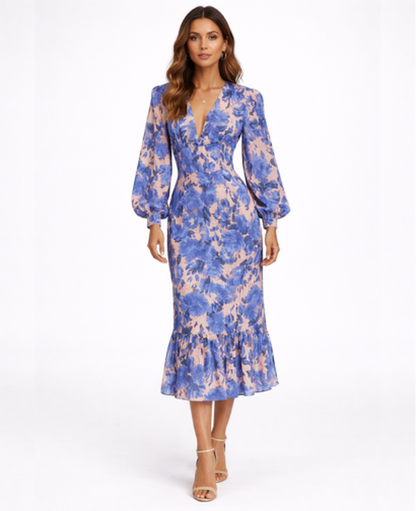Robe Midi Fleurie Col en V — Coupe Romantique Fluide | Invitée & Cocktail