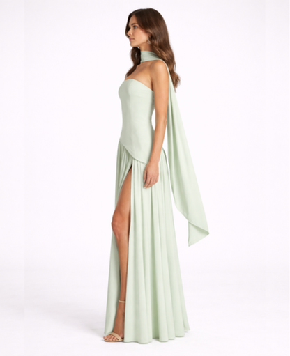 Robe Longue Femme Drapée – Dos Nu Asymétrique & Coupe Bandeau, Élégance Maxi Soirée