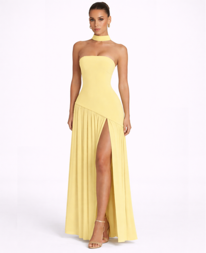 Robe Longue Femme Drapée – Dos Nu Asymétrique & Coupe Bandeau, Élégance Maxi Soirée