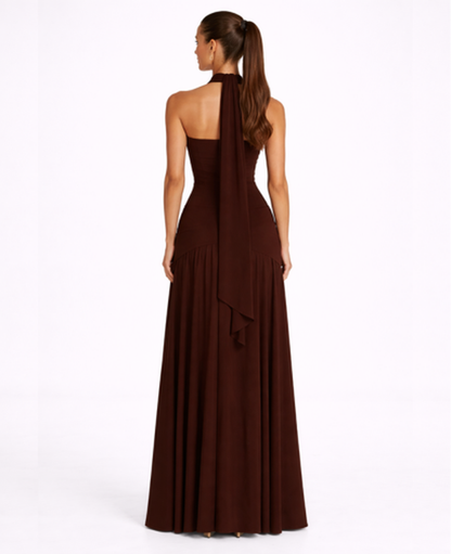 Robe Longue Femme Drapée – Dos Nu Asymétrique & Coupe Bandeau, Élégance Maxi Soirée