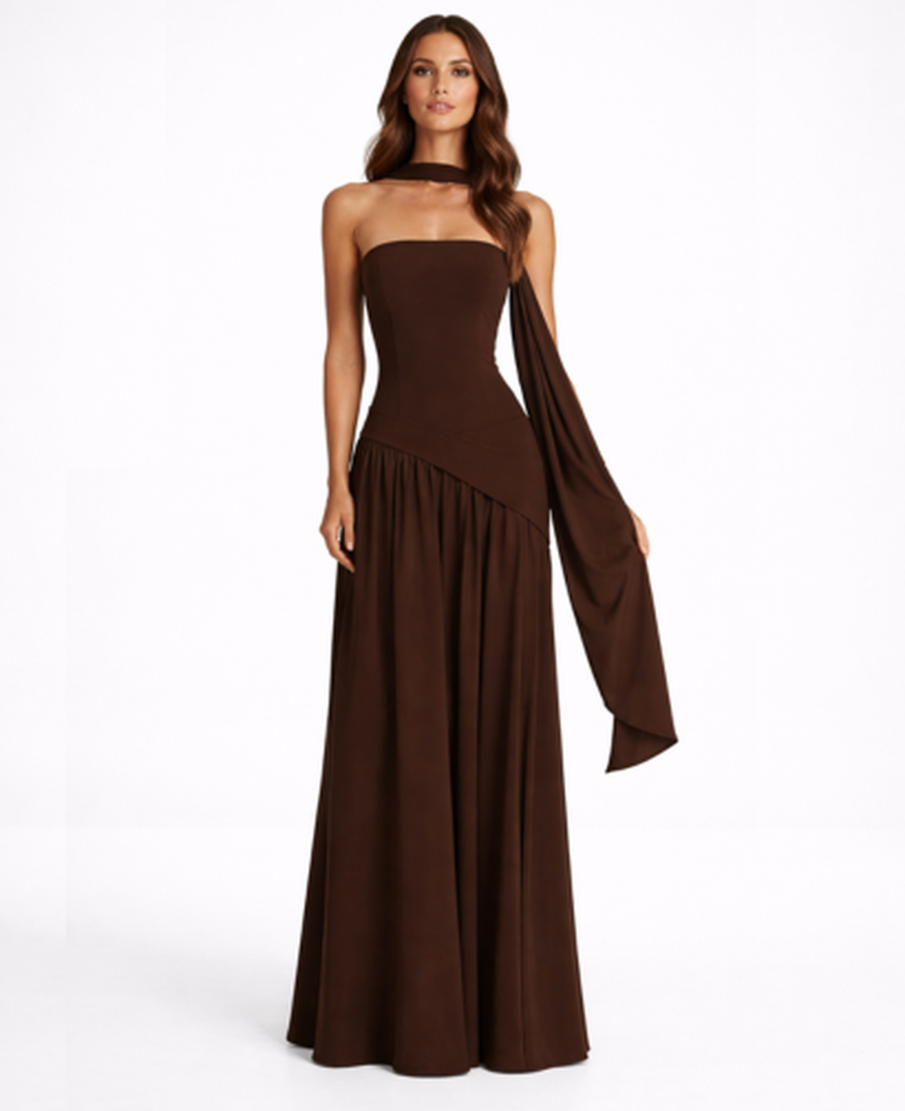 Robe Longue Femme Drapée – Dos Nu Asymétrique & Coupe Bandeau, Élégance Maxi Soirée