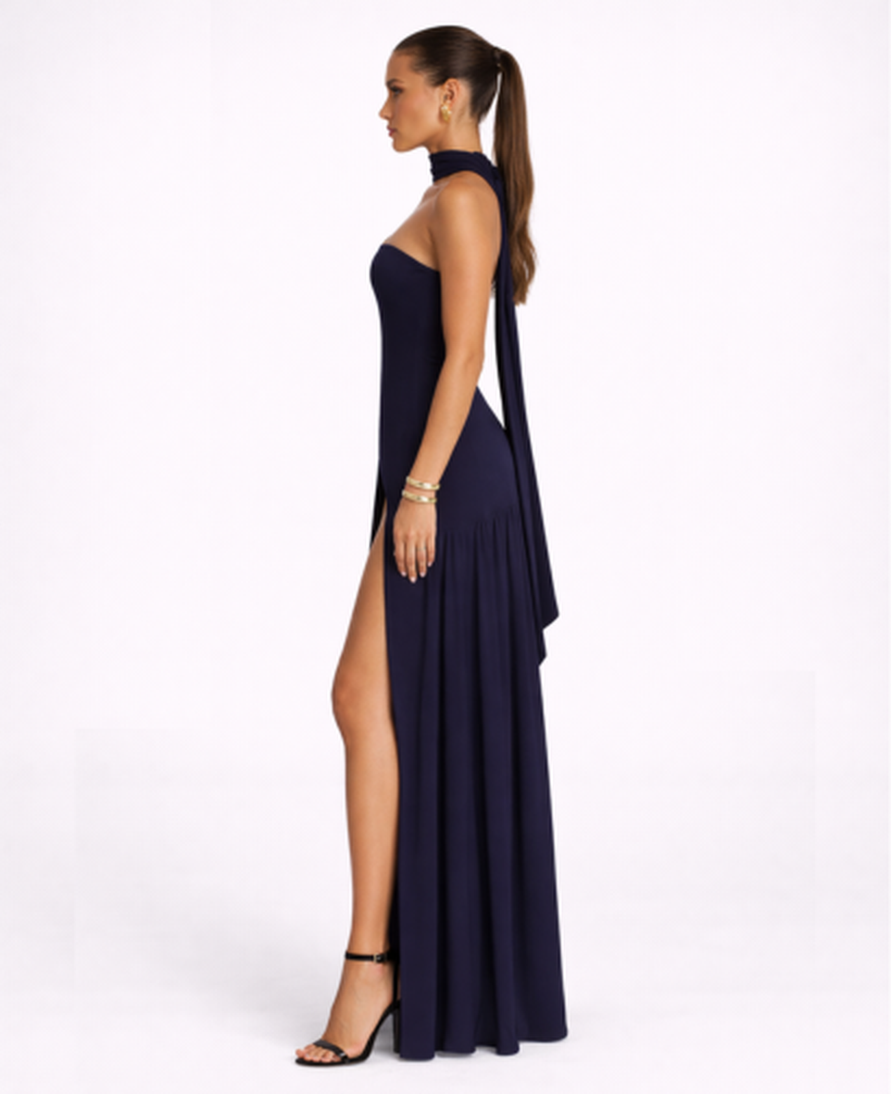 Robe Longue Femme Drapée – Dos Nu Asymétrique & Coupe Bandeau, Élégance Maxi Soirée