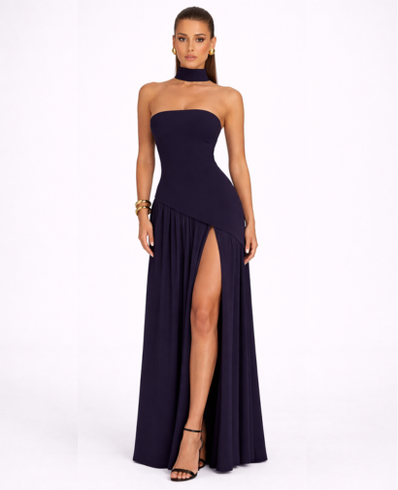 Robe Longue Femme Drapée – Dos Nu Asymétrique & Coupe Bandeau, Élégance Maxi Soirée