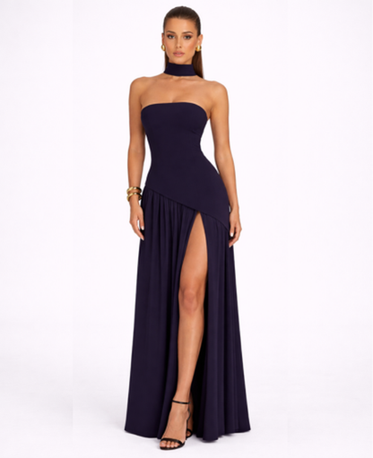 Robe Longue Femme Drapée – Dos Nu Asymétrique & Coupe Bandeau, Élégance Maxi Soirée