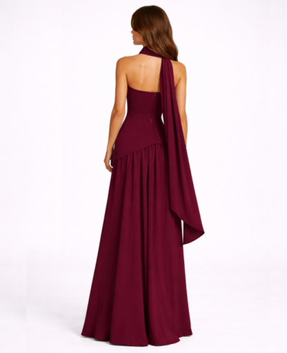 Robe Longue Femme Drapée – Dos Nu Asymétrique & Coupe Bandeau, Élégance Maxi Soirée