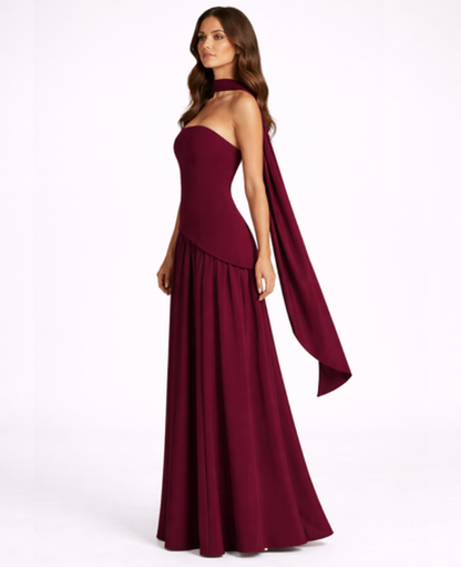 Robe Longue Femme Drapée – Dos Nu Asymétrique & Coupe Bandeau, Élégance Maxi Soirée