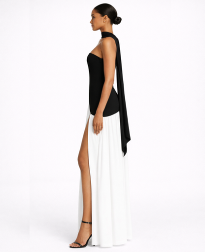 Robe Longue Femme Drapée – Dos Nu Asymétrique & Coupe Bandeau, Élégance Maxi Soirée