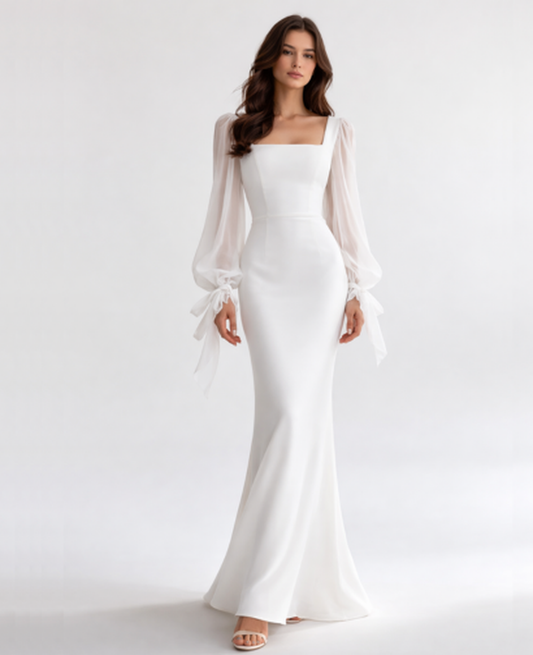 Robe Longue Moulante Encolure Carrée Manches Transparentes — Soirée & Cocktail