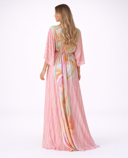 Robe Longue Fluide Imprimée Col en V — Manches Larges, Coupe Élégante