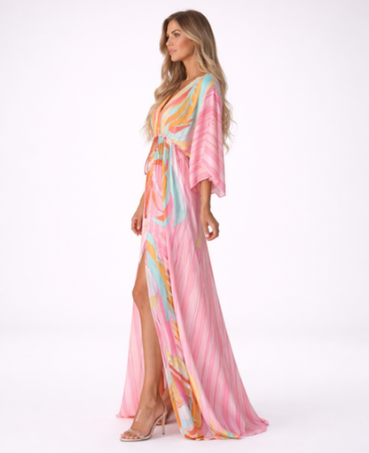 Robe Longue Fluide Imprimée Col en V — Manches Larges, Coupe Élégante