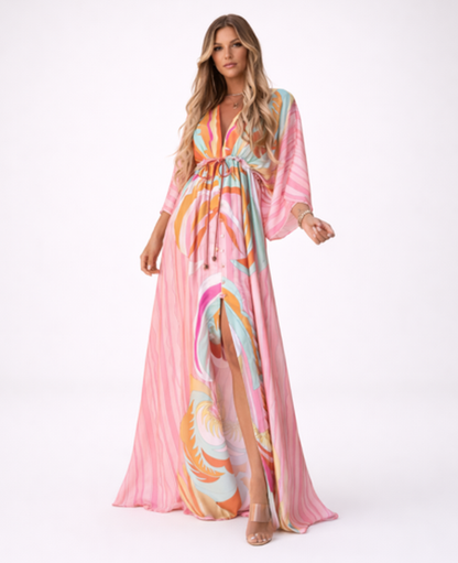 Robe Longue Fluide Imprimée Col en V — Manches Larges, Coupe Élégante