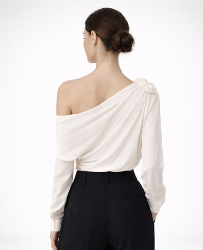 Top Femme Asymétrique – Drapé Une Épaule & Détail Fleur, Élégance Romantique Chic