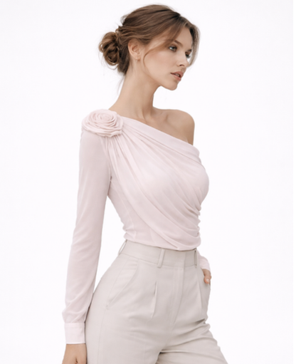 Top Femme Asymétrique – Drapé Une Épaule & Détail Fleur, Élégance Romantique Chic