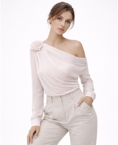 Top Femme Asymétrique – Drapé Une Épaule & Détail Fleur, Élégance Romantique Chic