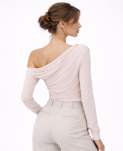 Top Femme Asymétrique – Drapé Une Épaule & Détail Fleur, Élégance Romantique Chic