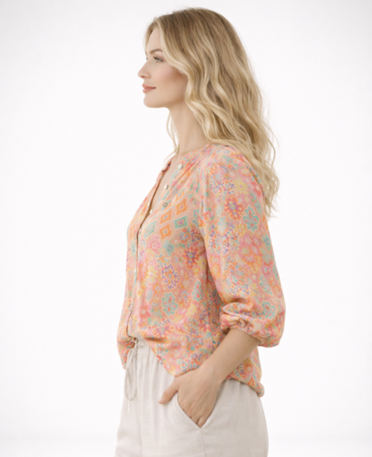 Blouse Femme Fluide Imprimée – Col Tunisien & Manches 3/4, Légèreté Bohème Chic Été