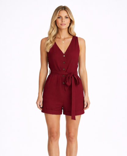 Combinaison Short Femme – Col en V & Ceinture à Boutons, Style Estival Élégant Chic