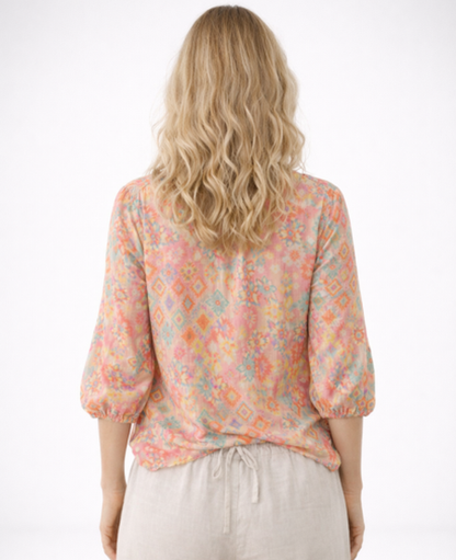 Blouse Femme Fluide Imprimée – Col Tunisien & Manches 3/4, Légèreté Bohème Chic Été