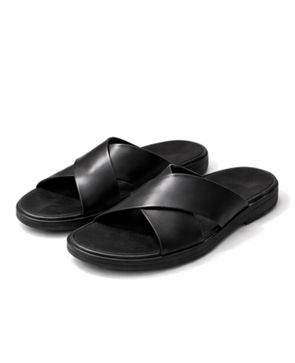 Sandales plates à brides croisées confort ergonomique | cuir cognac & noir