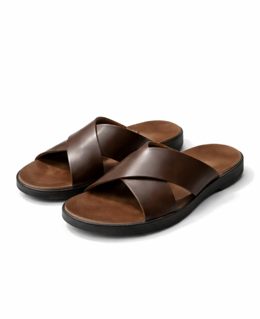 Sandales plates à brides croisées confort ergonomique | cuir cognac & noir