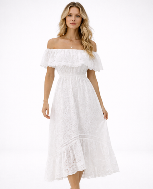 Robe midi dentelle bardot coupe évasée volants | robe invitée soirée