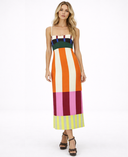 Robe midi graphique à bretelles coupe droite femme | robe rayures soirée