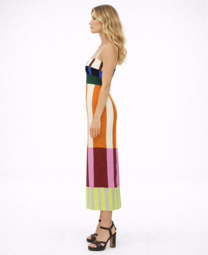 Robe midi graphique à bretelles coupe droite femme | robe rayures soirée