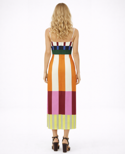 Robe midi graphique à bretelles coupe droite femme | robe rayures soirée