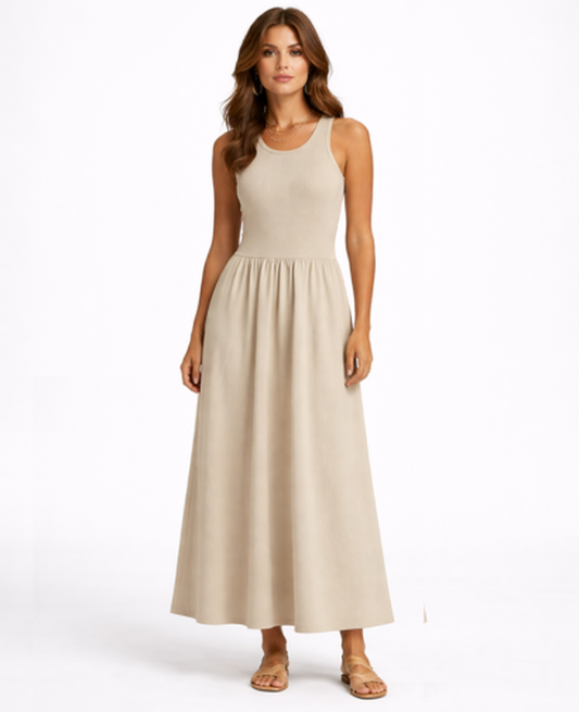 Robe maxi évasée sans manches taille marquée — soirée et cocktail