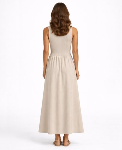 Robe maxi évasée sans manches taille marquée — soirée et cocktail