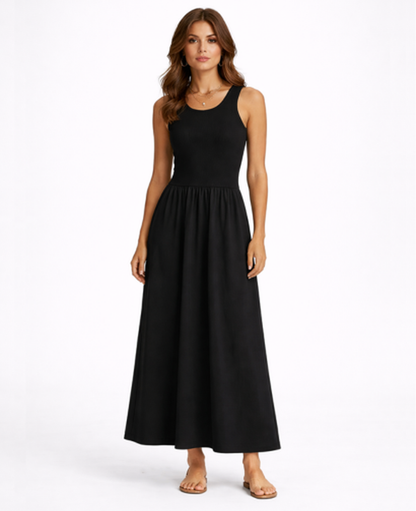 Robe maxi évasée sans manches taille marquée — soirée et cocktail