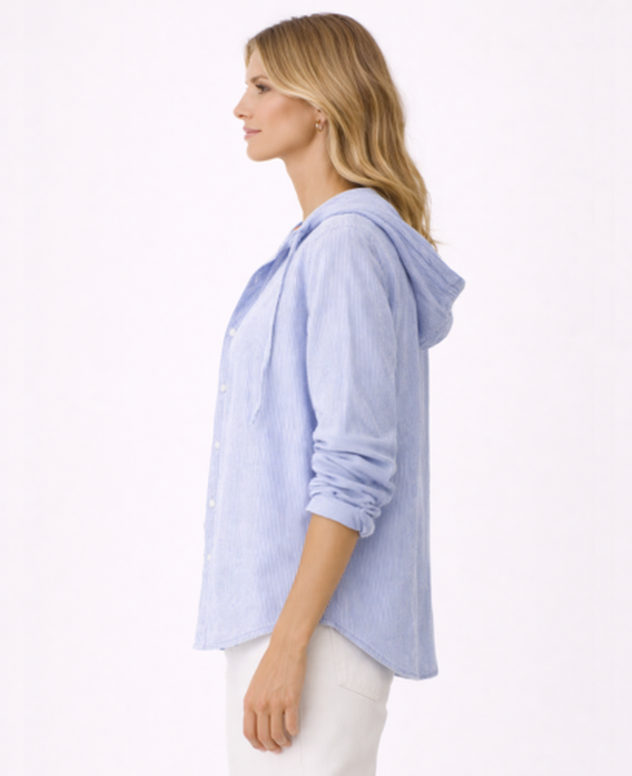 Chemise Femme Rayée À Capuche – Coupe Décontractée Boutonnée, Style Casual Chic Moderne