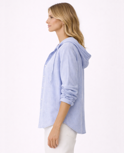 Chemise Femme Rayée À Capuche – Coupe Décontractée Boutonnée, Style Casual Chic Moderne