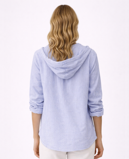Chemise Femme Rayée À Capuche – Coupe Décontractée Boutonnée, Style Casual Chic Moderne