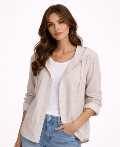 Chemise Femme Rayée À Capuche – Coupe Décontractée Boutonnée, Style Casual Chic Moderne