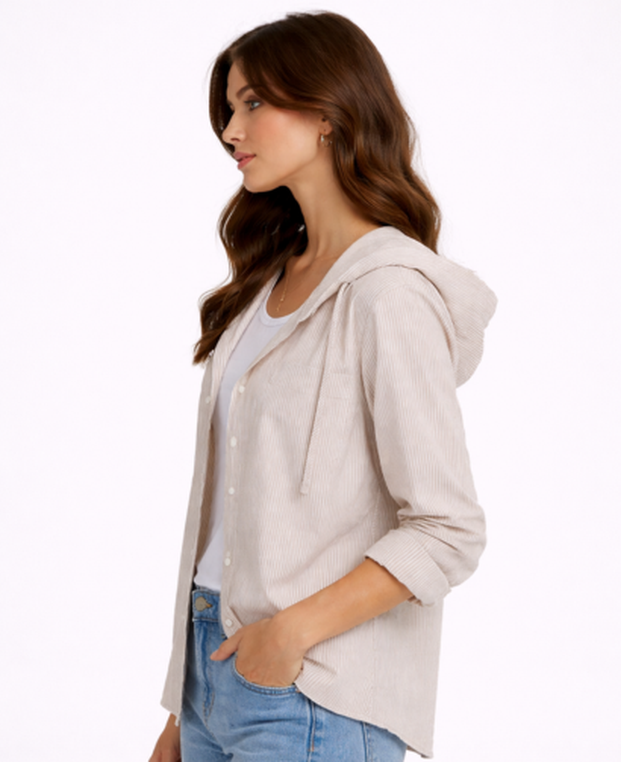 Chemise Femme Rayée À Capuche – Coupe Décontractée Boutonnée, Style Casual Chic Moderne