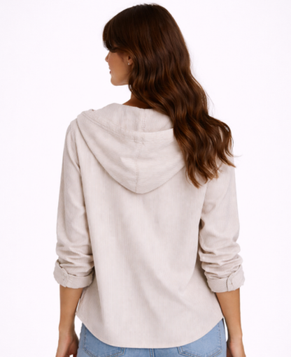 Chemise Femme Rayée À Capuche – Coupe Décontractée Boutonnée, Style Casual Chic Moderne
