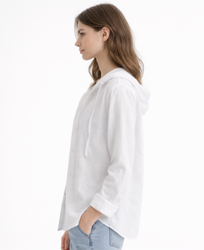 Chemise Femme Rayée À Capuche – Coupe Décontractée Boutonnée, Style Casual Chic Moderne