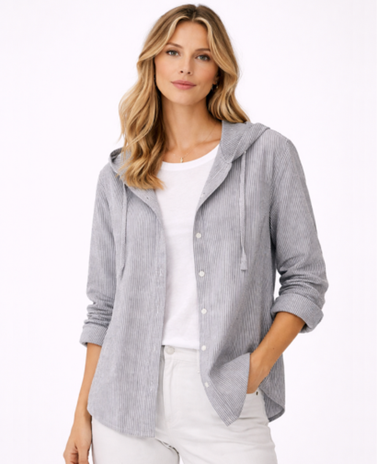 Chemise Femme Rayée À Capuche – Coupe Décontractée Boutonnée, Style Casual Chic Moderne