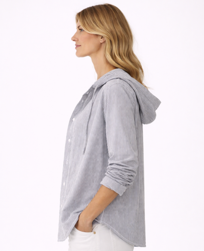 Chemise Femme Rayée À Capuche – Coupe Décontractée Boutonnée, Style Casual Chic Moderne