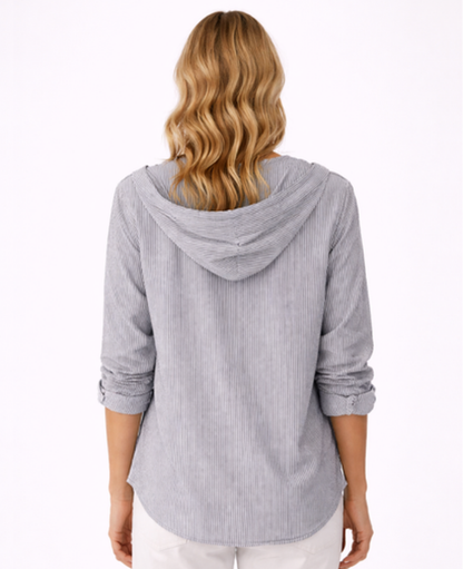 Chemise Femme Rayée À Capuche – Coupe Décontractée Boutonnée, Style Casual Chic Moderne
