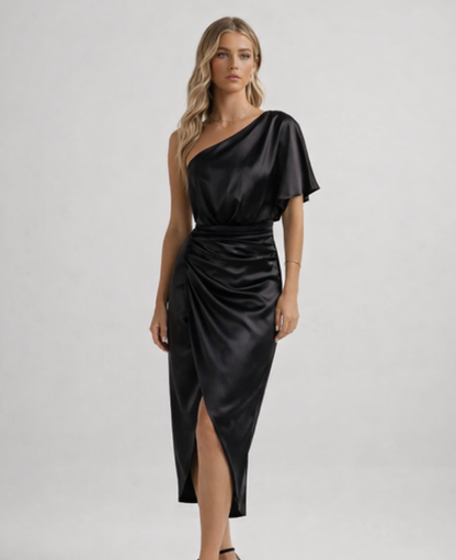 Robe Midi Femme Drapée – Asymétrique Une Épaule & Fente, Élégance Soirée Cocktail