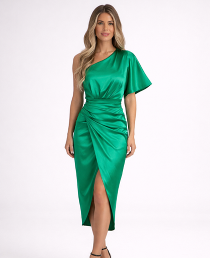 Robe Midi Femme Drapée – Asymétrique Une Épaule & Fente, Élégance Soirée Cocktail