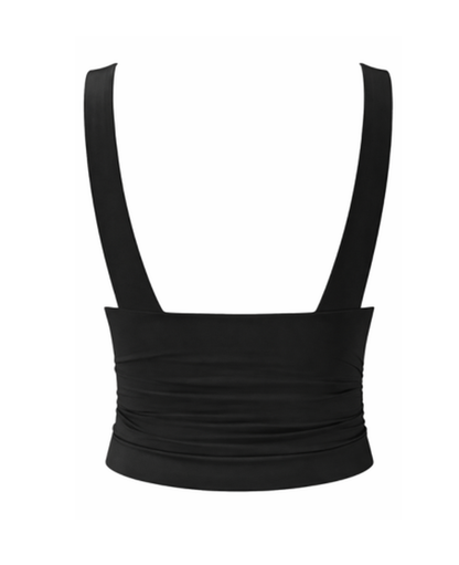 Top Femme Court – Col en V Plongeant & Drapé Sans Manches, Élégance Chic Moderne