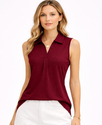 Top Femme Sans Manches – Col Polo & Coupe Fluide, Style Décontracté Chic Estival