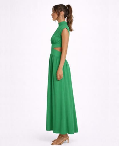 Robe Longue Femme – Col Montant & Coupe Fluide Sans Manches, Élégance Maxi Soirée