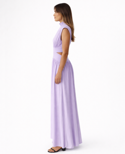 Robe Longue Femme – Col Montant & Coupe Fluide Sans Manches, Élégance Maxi Soirée